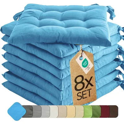 Produktbild von Sitzkissen Stuhlkissen Indoor & Outdoor 8er Set 40x40 cm - Hellblau - etérea Stuhl Kissen Auflage mit Bändern