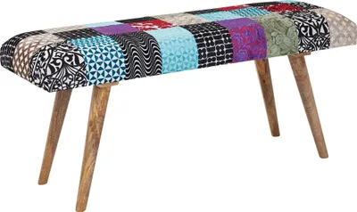 Produktbild von WOHNLING Sitzbank Samt / Massivholz Bank Bunt 117x51x38 cm Bettbank Patchwork Polsterbank Flur Modern Gepolsterte Stoffbank Esszimmer Flurbank