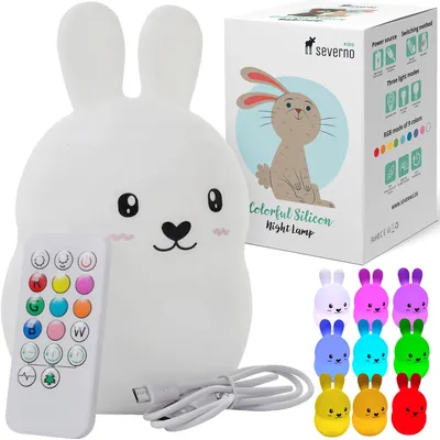 Obrázok produktu pre Nočná lampička Zajačik pre deti - LED lampa - Mäkký silikón - Nabíjateľná cez USB - Diaľkové ovládanie - RGB s 9 farbami - Stmívateľná - Viacfarebná