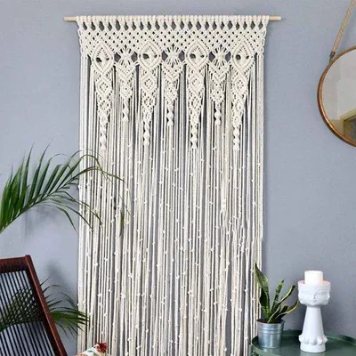 Zdjęcie produktu dla Ibenzoa® Duża, ręcznie robiona makrama – 100% bawełna, beżowa | Dekoracja ścienna w stylu boho, przegroda do pomieszczenia i zasłona na drzwi