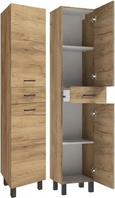 A tall, narrow cabinet with three drawers and two doors, shown from the front and side.