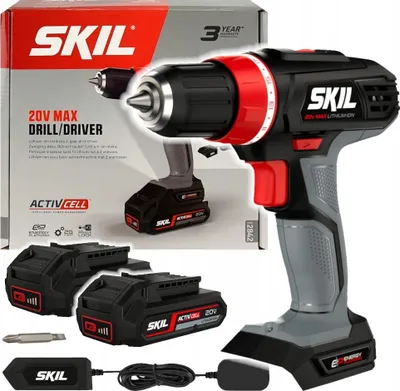 A SKIL 20V MAX Drill/Driver kit is displayed with its packaging, two batteries, a charger, and a drill bit.