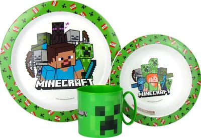 Produktbild von 3 teiliges Kinder-Geschirrset Frühstücks-Set Essteller Müslischale Trinkbecher Kunststoff BPA-frei (Minecraft)