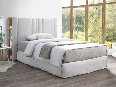 Produktbild von Bett-Kopfteil mit Stauraum 140 cm - Stoff - Hellgrau & Holzfarben - SIVERI
