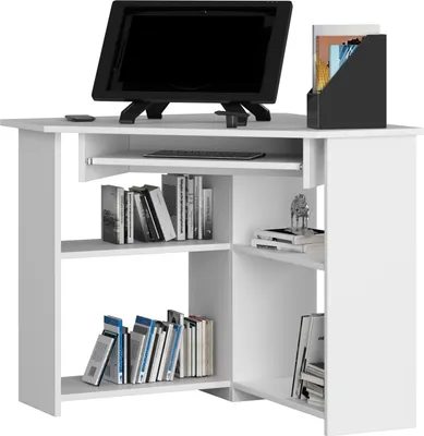 Produktbild von 3xEliving SLIM DESK biurko narożne białe z półkami na książki i wysuwaną półką na klawiaturę, wymiary: wysokość: 74 cm, szerokość: 80 cm, głębokość: 54,5 cm