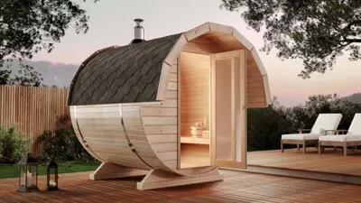 Produktbild von FinnTherm Fasssauna Saunafass Außensauna Samantha 2 Sitzbänke aus Holz Wandstärke 42 mm