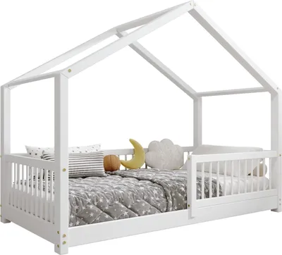 Obrázek produktu pro TIMBEE MURLO Dětská postel 100x200 cm Bílá s bezpečnostními bočnicemi Lamelový rošt Přírodní dřevo Borovice Dřevěná postel Výška nohou 3 cm