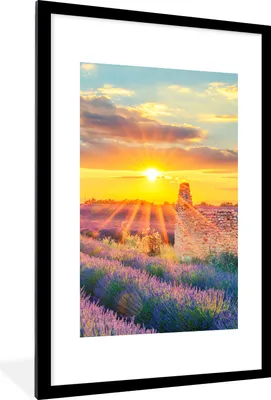 Produktbild von MuchoWow® Gerahmtes Poster Lavendel - Sonnenuntergang - Ruine - Lila 60x90 cm - Poster mit Schwarzem Bilderrahmen Wandposter Rahmen Foto Bilder - Dekoration - Wandposter Wohnzimmer - Hochwertig