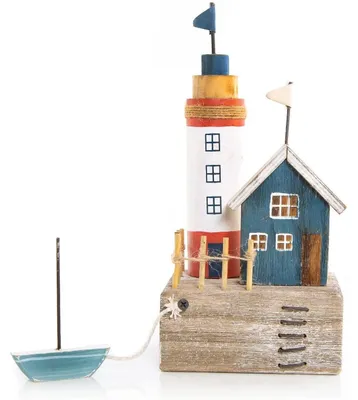 Produktbild von Maritime Deko Figur Haus & Leuchtturm am Meer - 26 cm
