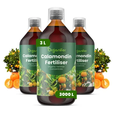 Obrázok produktu pre Calamondin, tekuté hnojivo, 3x 1 liter – vzorec NPK 2-1-8 – pre citrusové rastliny – podporuje bohaté kvitnutie a tvorbu plodov – posilňuje korene a vitalitu – organické