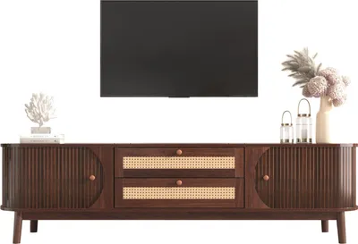 Produktbild von TV-Schrank-Natürlicher Holz-Blend TV-Schrank(Braun) mit Türen und Schubladen. TV-Ständer mit Rattanseiten