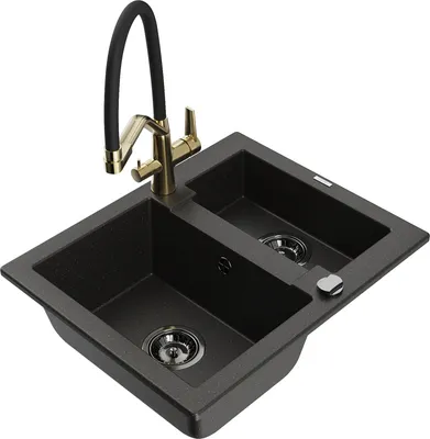 Produktbild von Mexen Carlos 1,5-Becken-Granitspüle mit Mischbatterie Duo, Schwarz/Gold metallisch - 6518-75-671701-57-B