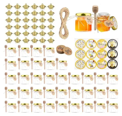 Image de 36 pots hexagonaux 45ml mini-pots de miel avec cuillère en bois, autocollants, pendentifs
