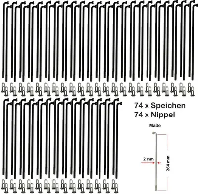 Produktbild von 74 Stück Büchel Fahrrad Speichen 264mm Spokes Schwarz 2mm VERZINKT mit Messing Speichennippel