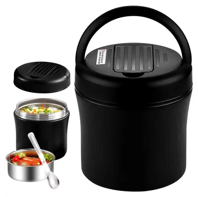 Produktbild von Edelstahl-Warmhaltebehälter für Speisen: 1,2L Thermobehälter mit Löffel, auslaufsichere Thermoskanne für Mahlzeiten (Schwarz)
