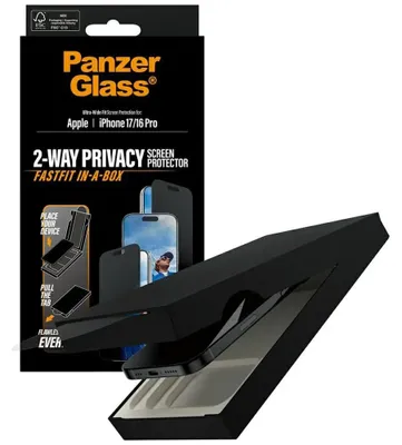 Produktbild von PanzerGlass ® 2-Way Privacy Displayschutz iPhone 17 | iPhone 16 Pro | Ultra-Wide Fit m. Fastfit in-a-box, Apple, Apple - iPhone 17, Apple - iPhone 16 Pro, Trockene Anwendung, Kratzresistent, Schockresistent, Transparent, 1 Stück(e)
