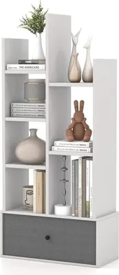Image de Bibliothèque en forme d'arbre - Étagère sur pied - Avec tiroir - 7 compartiments - Bois - 53 x 24 x 118 cm - Pour salon/chambre à coucher - Blanc