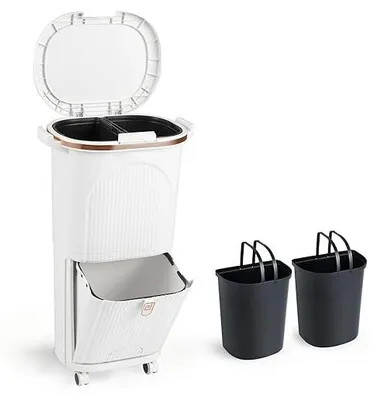 Imagen del producto de Cubo de basura para cocina, sistema de separación de residuos con 3 compartimentos, 2 cubetas interiores de 12 litros y 1 cubo de pisón de 14 litros, cubo de basura con ruedas, tapa, pedal y ganchos, cubo de basura con pisón para recoger residuos en la cocina (blanco)