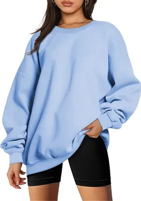 Image de ASKSA Sweatshirts Femme Basic Col rond Manches Longues Loose Fleece Pulls Casual Tops, Bleu Ciel, S