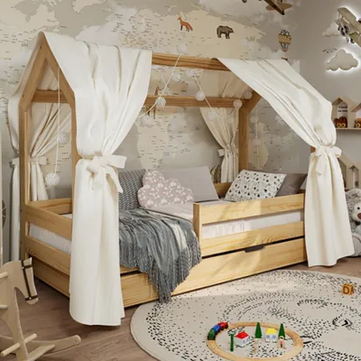 Obrázok produktu pre Detská Posteľ Tom Domček S Bariérou, Zásuvkou A Roštom | 180x80 cm | Borovica, 100% Masívne Drevo, Prírodné Kreslenie | Univerzálna, Pevná