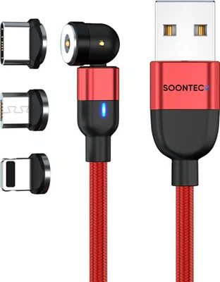 Obrázek produktu pro Magnetický nabíjecí kabel 3 metry SOONTEC magnetický nabíjecí kabel otočný o 360° a 180° Micro USB/ USB-C/ Lightning 2,4A nabíjecí kabel (červený)