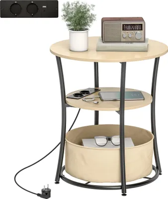 A three-tiered side table with a built-in charging station and storage basket, displayed against a white background.