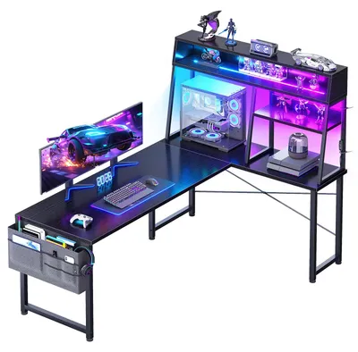 Zdjęcie produktu dla Biurko gamingowe w kształcie litery L, 130x100 cm, metal i szkło, czarne, z podświetleniem RGB LED