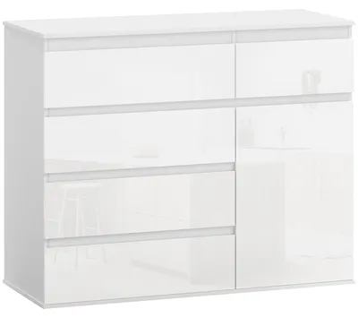 Produktbild von Modernes Sideboard, Stauraum-Sideboard mit 5 Schubladen, verstellbarem Regal, Soft-Close-Tür, Weiß Hochglanz