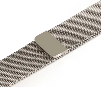 A close-up shot of a silver mesh watch band with a magnetic clasp.