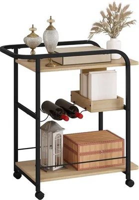 Produktbild von Küchentrolley mit 3 Platten, Metall- und Holzkonstruktion, eichenfarben, schwarz, 2 Bremsen, Trinkhalter, Handgriff