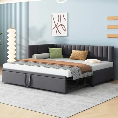Produktbild von Multifunktionales L-förmiges Schlafsofa mit Ausziehbett 90/180*200cm, Polsterbett in Samtstoff, platzsparendes Design für Kinderbett, Gästebett Grau