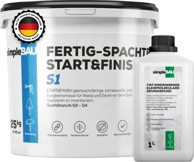 Produktbild von SimpleBau Spachtelmasse Start&Finish gebrauchsfertig zum Reparieren und Glätten von Wänden Perfekte weiße Farbe, 25kg + 1l Grundierung