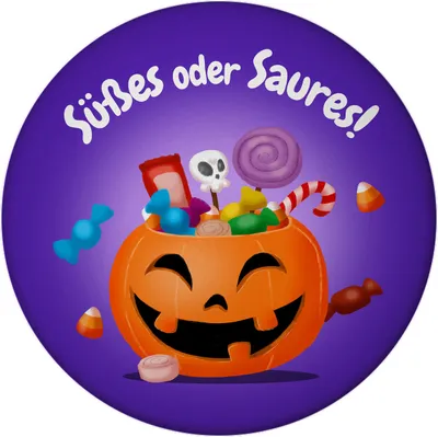 Produktbild von Süßes oder Saures Halloween Magnet rund mit Kürbis und Süßigkeiten