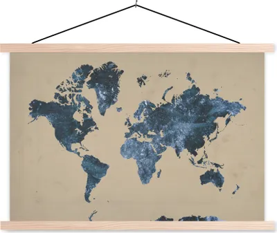 Produktbild von MuchoWow® Textilposter Weltkarte - Blau - Vintage 60x40 cm mit holzfarbenen Rahmen - Bilder