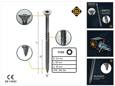 Immagine prodotto di Vite per legno universale FORTE Tools 5,0 x 50 mm T25, 200 pezzi (000040113881), zincata argento, testa svasata Torx, filettatura parziale