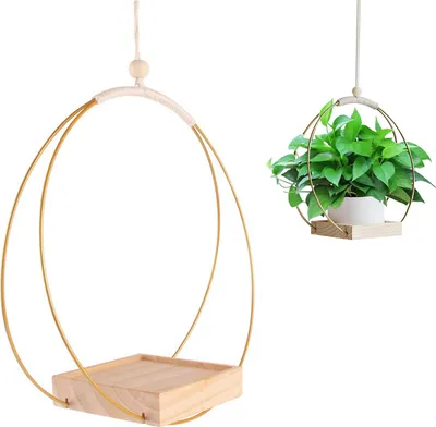 Produktbild von Hängendes Blumentopf Regal mit Innen-Hängenden Blumentöpfen, Balkon-Dekoration, Pflanzen, Wohnzimmer, Holz-Regal, Blumenampel(rund*gold)