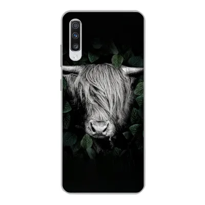 Produktbild von MuchoWow® Handyhülle Schutzhülle Hülle für Samsung Galaxy A70 Schottischer Highlander - Blätter - Porträt Silikon Softcase Handy Hülle - Schutzhaube