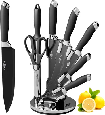 Produktbild von KAZUSHI 8-tlg Messerset mit Drehbare Messerblock, Profi Scharfe Messer Set mit Block, Edelstahl Küchenmesser - Schwarz (KA-KN81)