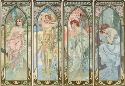 Produktbild von Legendarte - Kunstdruck auf Leinwand - The Times Of The Day (Tageszeiten) - Alphonse Mucha - Wanddeko, Canvas cm. 60x90