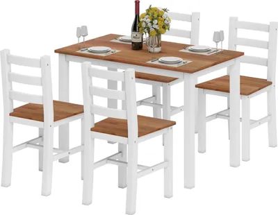 Produktbild von Essgruppenset, Esstisch, 4 Stühle, Esszimmerset, Kiefernholz, Braun+Weiß