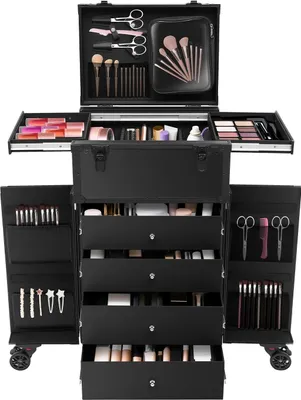 Produktbild von Professioneller Schminkkoffer - rollender Kosmetikkoffer Trolley - Aluminiumlegierung - 40×30×80 cm Großraum - Tragkraft 30 kg - Schwarz