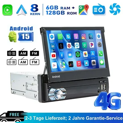 Produktbild von Autoradio 1 DIN 7 Zoll Touchscreen Android 15 mit GPS Navi Bluetooth Apple Carplay Android Auto WiFi 4G 6GB RAM 128GB Speicher Freisprechanlage