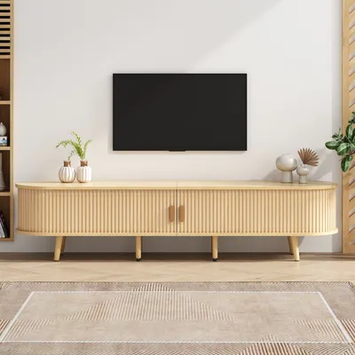 Produktbild von okwish TV-Schrank,Sideboard，Lowboard，TV-Ständer，Aufbewahrungsmöbel，Schrank mit Stauraum ，Ovaler Tischplatte，Kommode  mit Schubladen，Helles Walnussholz