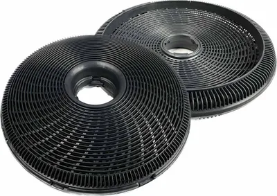 Two black circular carbon filters for a range hood, shown from a diagonal angle against a white background.