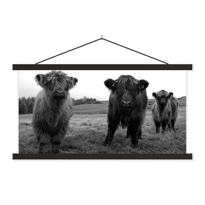 Produktbild von MuchoWow® Textilposter Schottische Highlander - Kühe - Natur - Grün - Gras 90x45 cm mit schwarzem Rahmen - Klemmleisten