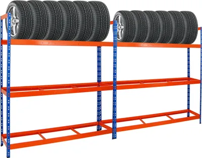 Produktbild von Mega Deal | 2x Reifenregal Tiger XL | HxBxT 200x180x45 cm | 300kg Fachlast | bis zu 42 Reifen | Blau-Orange