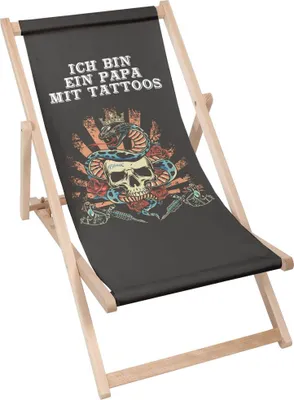 Image de Dreamroots Chaise longue pliante en bois jusqu'à 130 kg, Chaise longue pliante avec réglage de l'inclinaison du dossier en 3 positions,Je suis un papa avec des tatouages