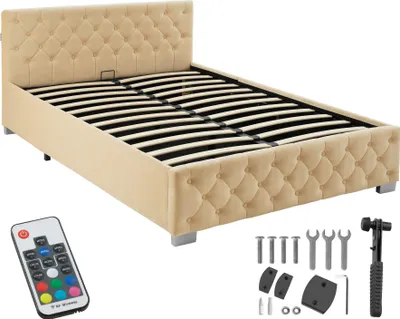 Image de Lit capitonné avec bandes LED et espace de rangement - beige, 140 x 200 cm