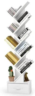 Bücherregal Baumform, 8 Ebenen, mit Schublade, 38x21,5x149,5 cm, weiß