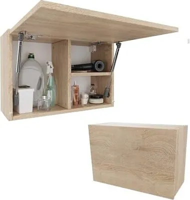 A wall-mounted bathroom cabinet with its door open, revealing shelves stocked with cleaning supplies and toiletries. A separate, closed cabinet is shown below.